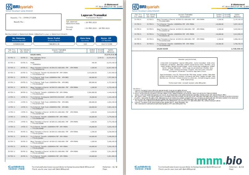 Indonezja BNI wyciąg z konta bankowego Word i szablon PDF